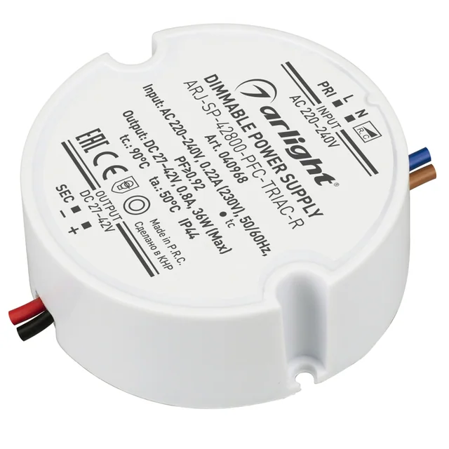 Блок питания ARJ-SP-42800-PFC-TRIAC-R (36W, 27-42V, 800mA) (Arlight, IP44 Пластик, 5 лет), артикул 040968
