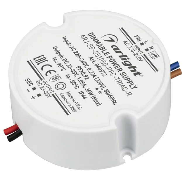 Блок питания ARJ-SP-351050-PFC-TRIAC-R (36W, 23-35V, 1050mA) (Arlight, IP44 Пластик, 5 лет), артикул 040972