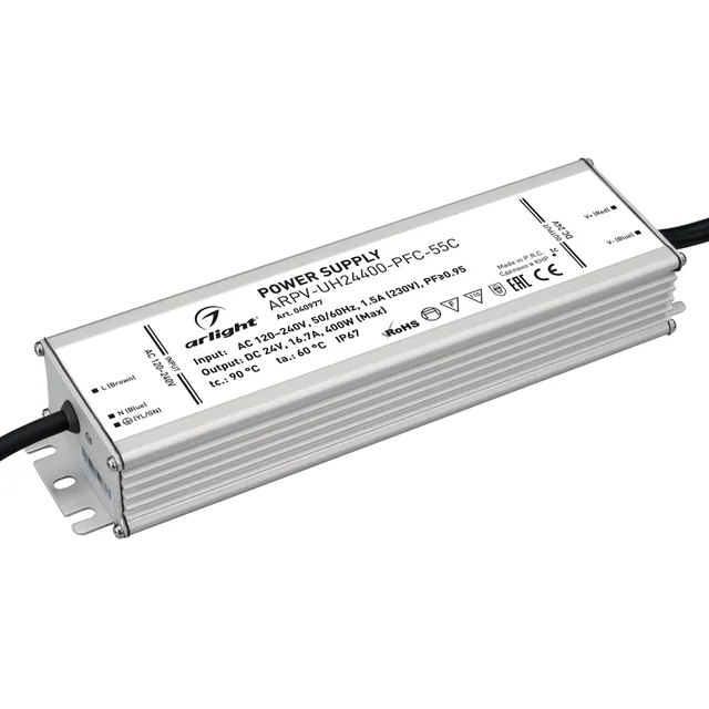 Блок питания ARPV-UH24400-PFC-55C (24V, 16.7A, 400W) (Arlight, IP67 Металл, 5 лет), артикул 040977