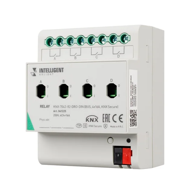 INTELLIGENT ARLIGHT Релейный модуль KNX-7043-82-DRO-DIN (BUS, 4x16А, KNX Secure) (IARL, IP20 Пластик, 2 года), артикул 041225