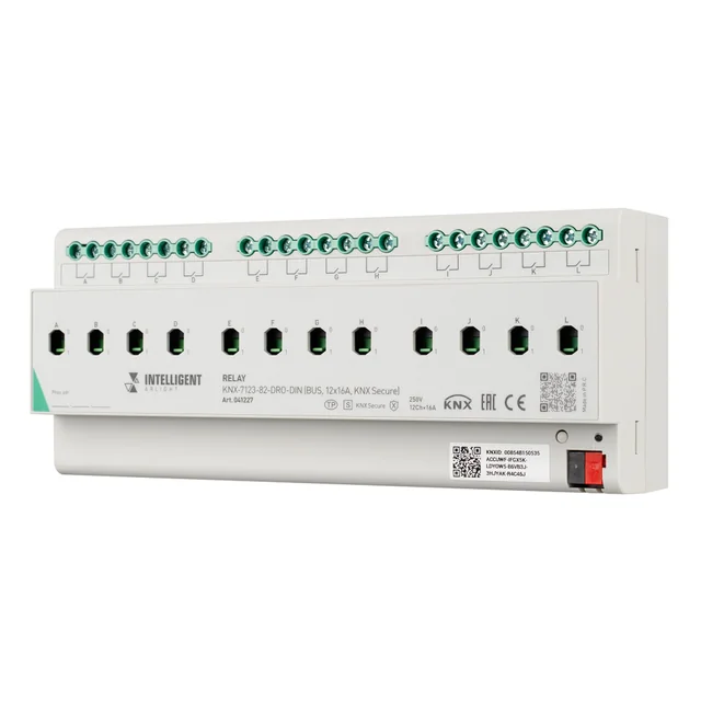 INTELLIGENT ARLIGHT Релейный модуль KNX-7123-82-DRO-DIN (BUS, 12x16A, KNX Secure) (IARL, IP20 Пластик, 2 года), артикул 041227