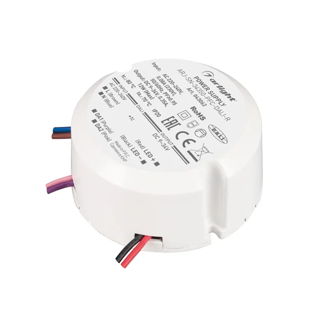 Блок питания ARJ-SN-34350-PFC-DALI-R (12W, 9-34V, 0.35A) (Arlight, IP20 Пластик, 3 года), артикул 043062