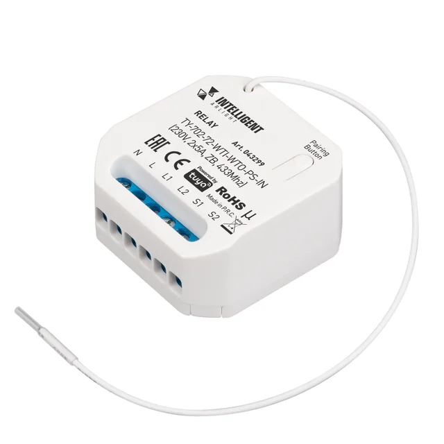 INTELLIGENT ARLIGHT Релейный модуль TY-702-72-WTI-WTO-PS-IN (230V, 2x5A, ZB, 433Mhz) (IARL, IP20 Пластик, 3 года), артикул 043299