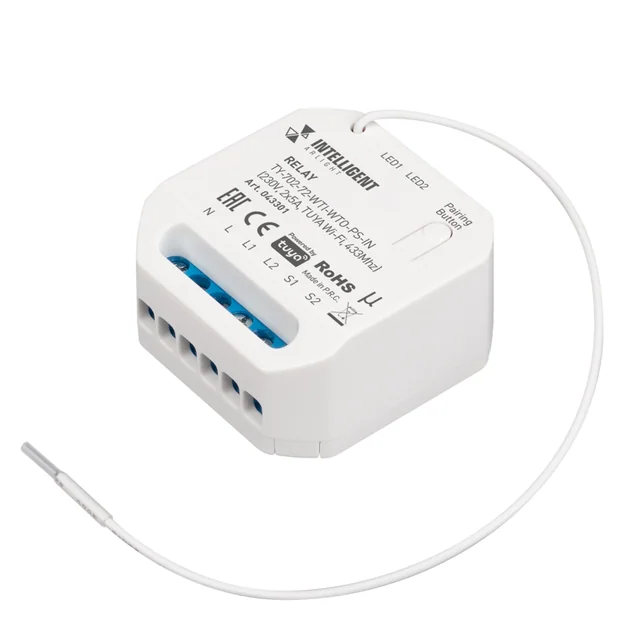 INTELLIGENT ARLIGHT Релейный модуль TY-702-72-WTI-WTO-PS-IN (230V, 2x5A, TUYA Wi-Fi, 433Mhz) (IARL, IP20 Пластик, 3 года), артикул 043301