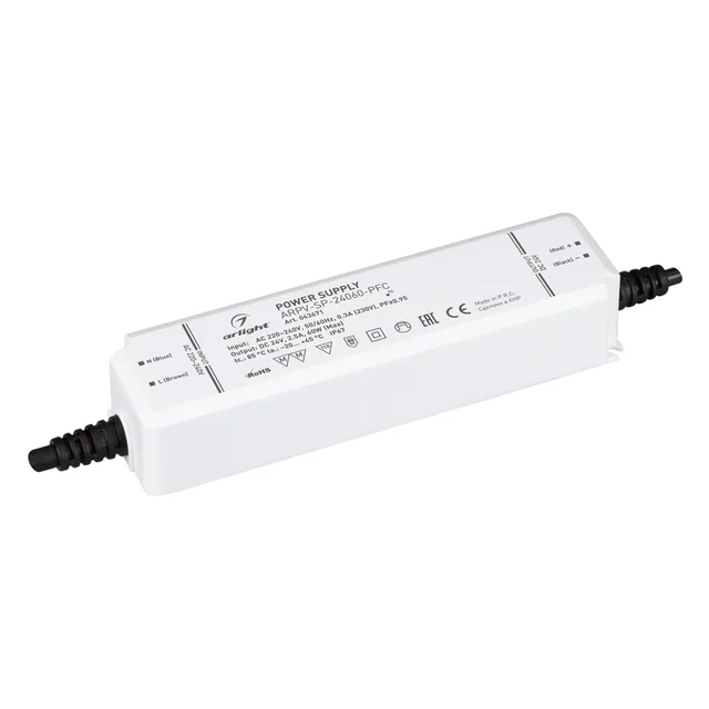 Блок питания ARPV-SP-24060-PFC (24V, 2.5A, 60W) (Arlight, IP67 Пластик, 5 лет), артикул 043671
