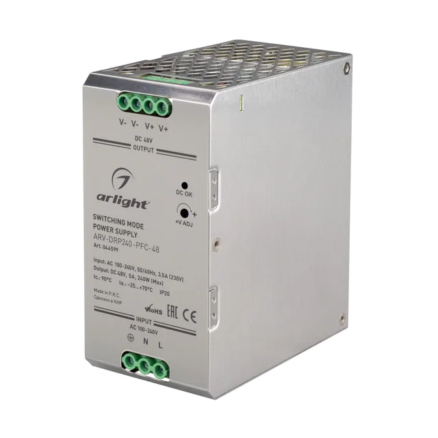 Блок питания ARV-DRP240-PFC-48 (48V, 5A, 240W) (Arlight, IP20 Металл, 5 лет), артикул 044599