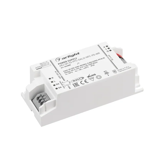 Блок питания ARJ-SP-53-PFC-DALI2-NFC-PD-WR (53W, 3-44V, 0.5-1.4A) (Arlight, IP20 Пластик, 5 лет), артикул 044888
