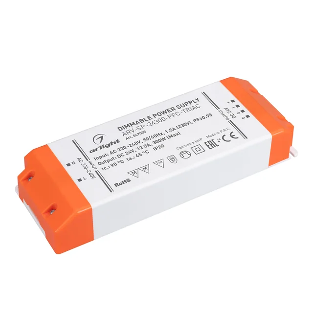 Блок питания ARV-SP-24300-PFC-TRIAC (24V, 12.5A, 300W) (Arlight, IP20 Пластик, 5 лет), артикул 047035