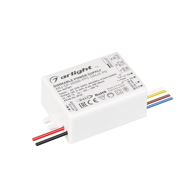 Блок питания ARJ-SP-40200-PFC-DALI2-PD (8W, 3-40V, 200mA) (Arlight, IP20 Пластик, 5 лет), артикул 047351