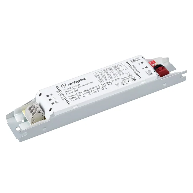 Блок питания ARJ-LG-20-LINEAR-PFC-HV (20W, 24-105V, 0.2-0.35A) (Arlight, IP20 Металл, 5 лет), артикул 047427