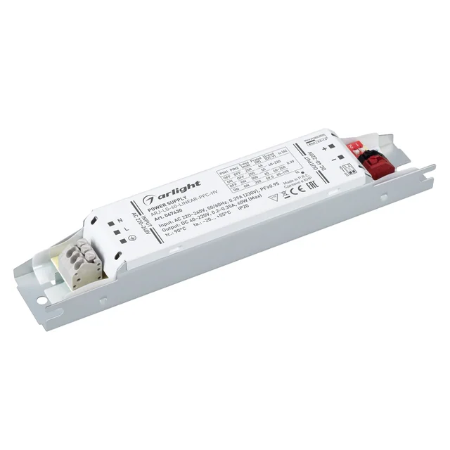 Блок питания ARJ-LG-60-LINEAR-PFC-HV (60W, 40-220V, 0.2-0.35A) (Arlight, IP20 Металл, 5 лет), артикул 047430