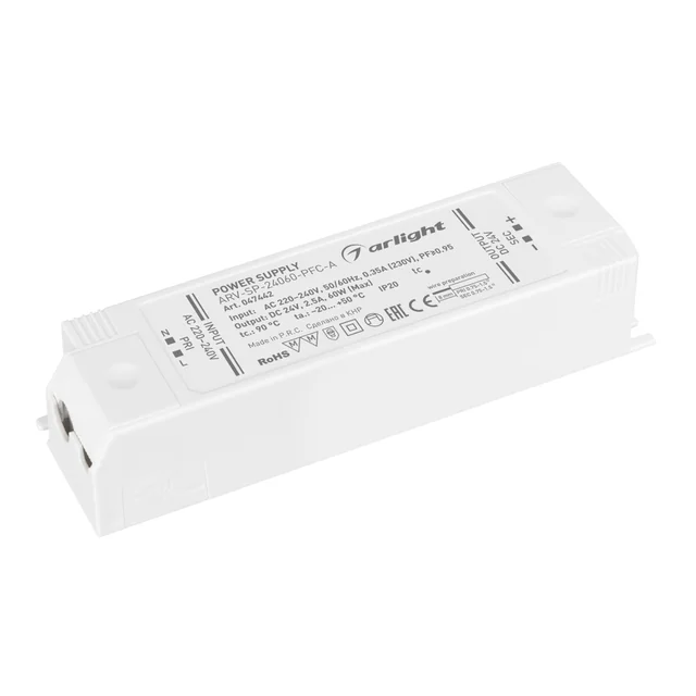 Блок питания ARV-SP-24060-PFC-A (24V, 2.5A, 60W) (Arlight, IP20 Пластик, 5 лет), артикул 047442