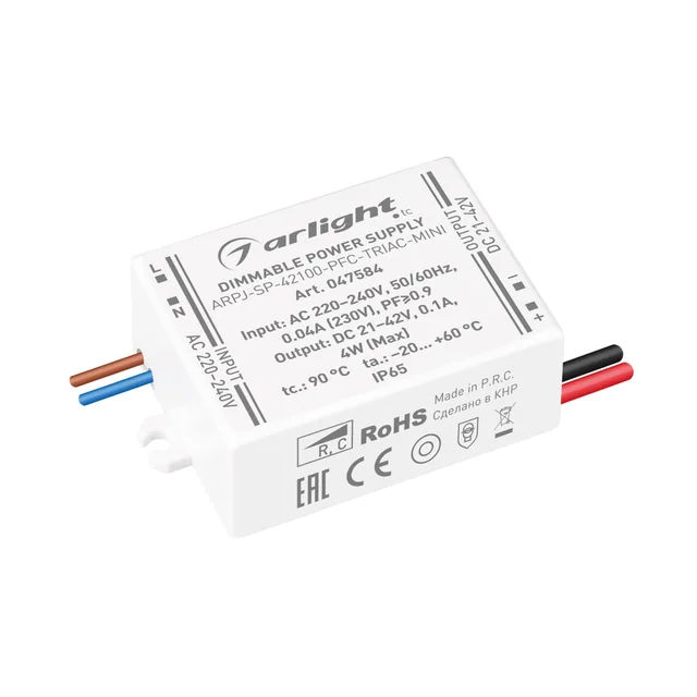 Блок питания ARPJ-SP-42100-PFC-TRIAC-MINI (4W, 21-42V, 100mA) (Arlight, IP65 Пластик, 5 лет), артикул 047584