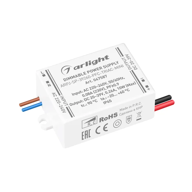 Блок питания ARPJ-SP-39260-PFC-TRIAC-MINI (10W, 20-39V, 260mA) (Arlight, IP65 Пластик, 5 лет), артикул 047587