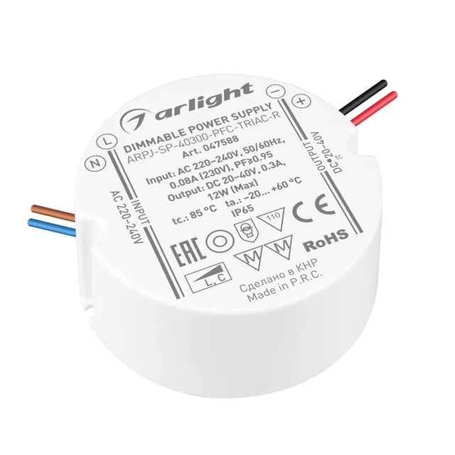 Блок питания ARPJ-SP-40300-PFC-TRIAC-R (12W, 20-40V, 300mA) (Arlight, IP65 Пластик, 5 лет), артикул 047588