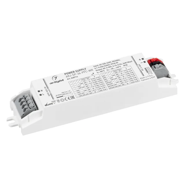Блок питания ARJ-SP-36-PFC-WR (36W, 3-50V, 0.15-0.9A) (Arlight, IP20 Пластик, 5 лет), артикул 048714