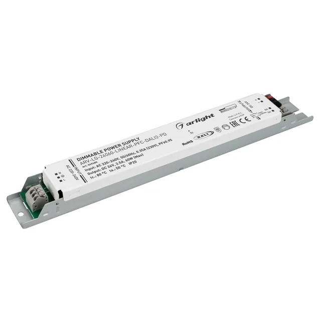 Блок питания ARV-LG-24060-LINEAR-PFC-DALI2-PD (24V, 2.5A, 60W) (Arlight, IP20 Металл, 5 лет), артикул 049480