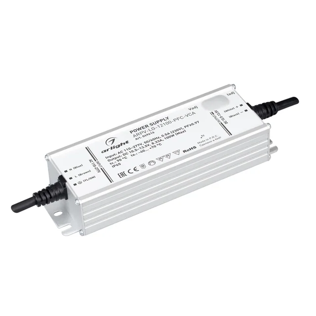 Блок питания ARPV-LG-12100-PFC-VCA (10.5-13.5V, 8.33A, 100W) (Arlight, IP65 Металл, 5 лет), артикул 049616