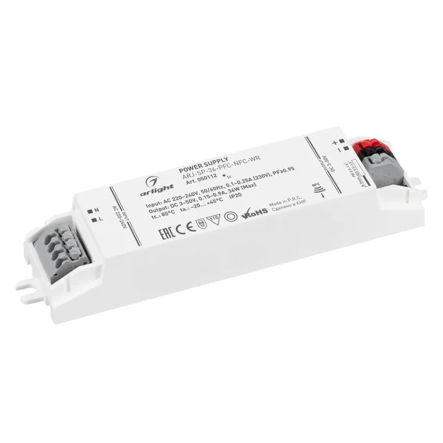 Блок питания ARJ-SP-36-PFC-NFC-WR (36W, 3-50V, 0.15-0.9A) (Arlight, IP20 Пластик, 5 лет), артикул 050112