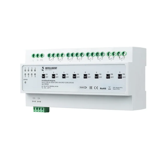 INTELLIGENT ARLIGHT Релейный модуль DALI2-708-82-ADDR-DRO-DIN Grey (230V, 8x16A) (IARL, IP20 Пластик, 3 года), артикул 050548