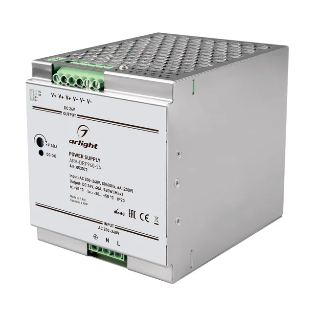 Блок питания ARV-DRP960-24 (24V, 40A, 960W, PFC) (Arlight, IP20 Металл, 5 лет), артикул 053072