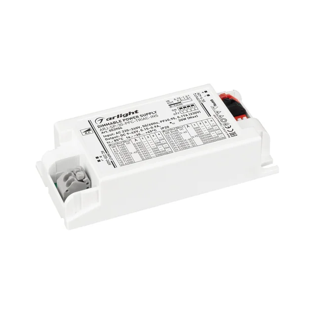 Блок питания ARJ-SP-30-PFC-TRIAC-INS (30W, 9-42V, 0.15-0.9A) (Arlight, IP20 Пластик, 5 лет), артикул 053904