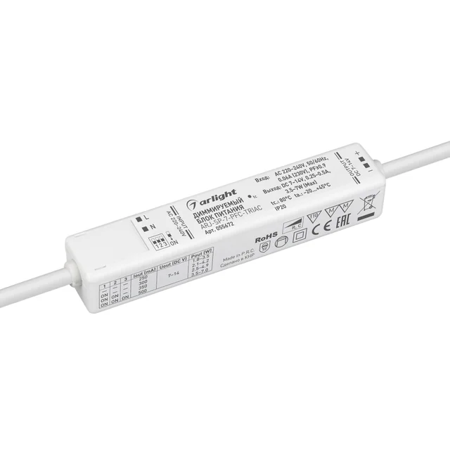 Блок питания ARJ-SP-7-PFC-TRIAC (7W, 7-14V, 0.25-0.5A) (Arlight, IP20 Пластик, 5 лет), артикул 055672