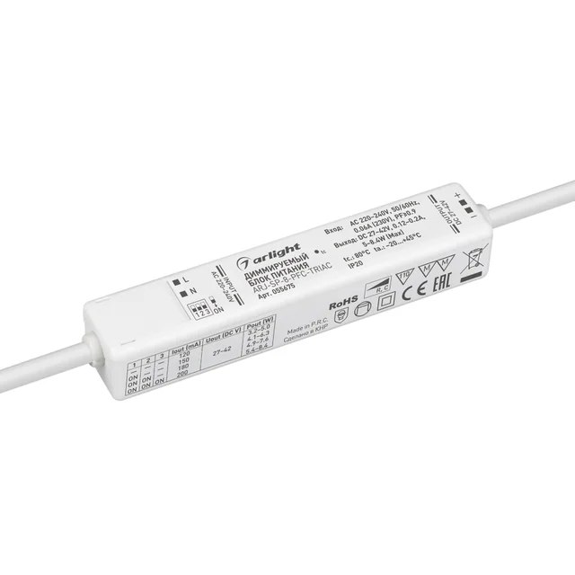 Блок питания ARJ-SP-8-PFC-TRIAC (8W, 27-40V, 0.12-0.2A) (Arlight, IP20 Пластик, 5 лет), артикул 055675