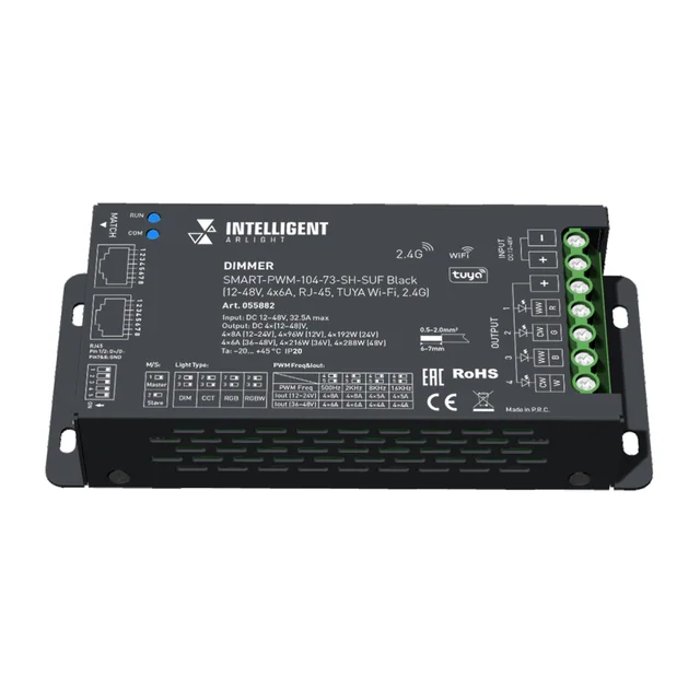 INTELLIGENT ARLIGHT Диммер SMART-PWM-104-73-SH-SUF Black (12-48V, 4x6A, RJ-45, TUYA Wi-Fi, 2.4G) (IARL, IP20 Металл, 5 лет), артикул 055882