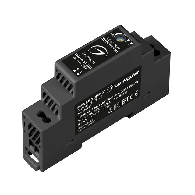 Блок питания ARV-DRS-15-24 (24V, 0.63A, 15W) (Arlight, IP20 DIN-рейка 5 лет), артикул 057073