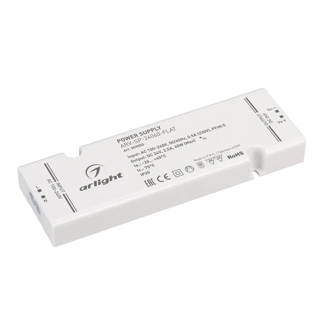 Блок питания ARV-SP-24060-FLAT (24V, 2.5A, 60W) (Arlight, IP20 Пластик, 5 лет), артикул 059050