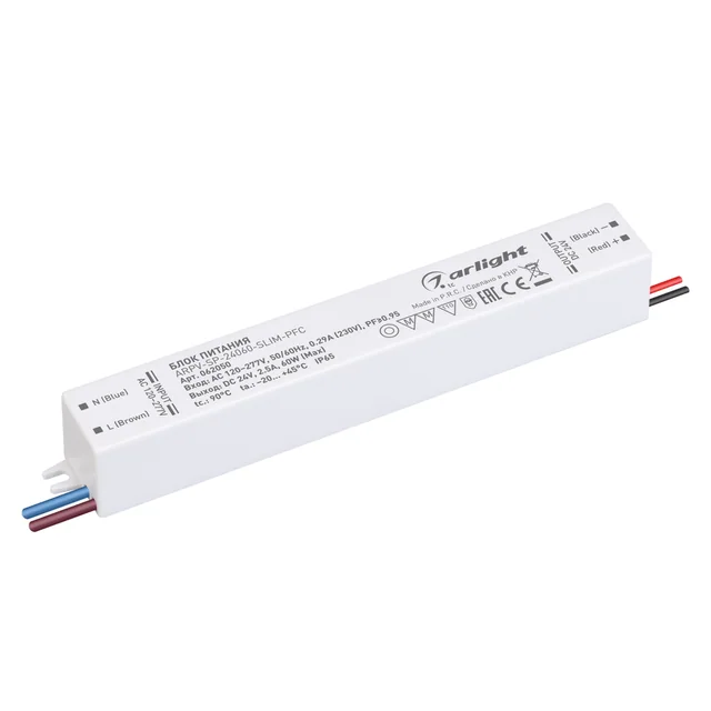 Блок питания ARPV-SP-24060-SLIM-PFC (24V, 2.5A, 60W) (Arlight, IP65 Пластик, 5 лет), артикул 062050